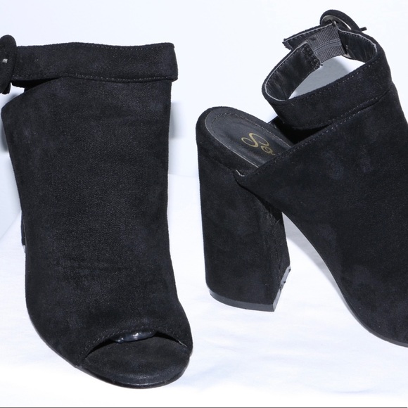 So Me Velma Black Suede Peep Toe Booties Women’s 5.5 Chunky Heel Ankle Shoes - Picture 2 of 12